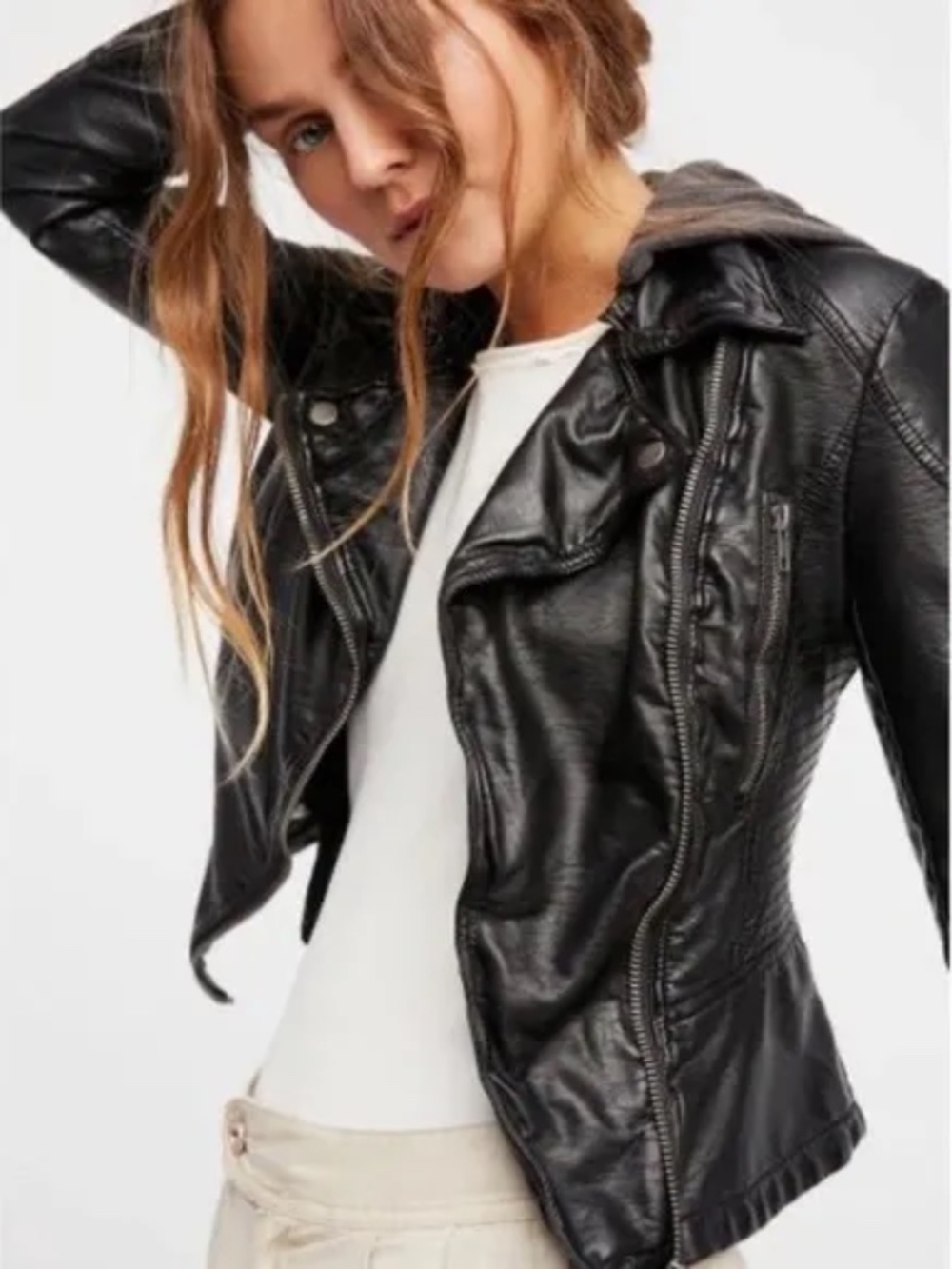 Free People Vegan Leather Hooded Distress Moto Jacket Black Sz 2